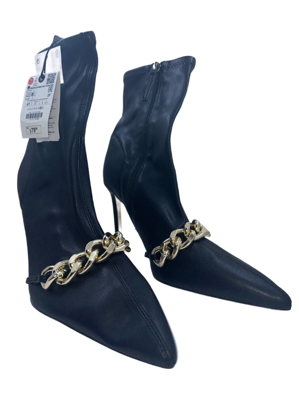 NWT Zara Black High Heel Boots Gold Chain Detail 41 US 10
